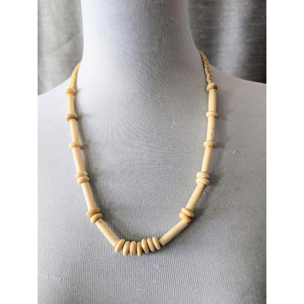 Vintage Bone Necklace 80s Long Beaded Single Strand Necklace